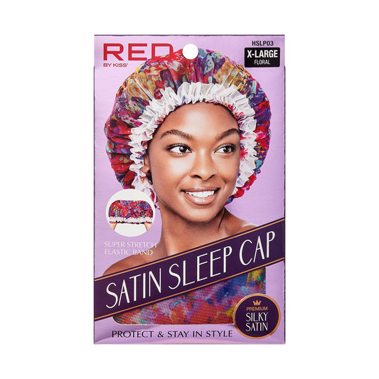 RED SATIN SLEEP CAP FLORAL X-LARGE