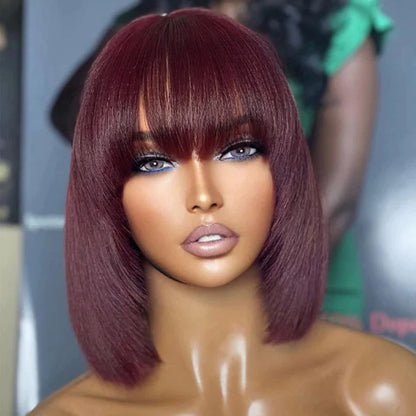 Bejulz 10in Reddish Purple layered Cut Yaki Straight Lace Bob Wig With Bangs