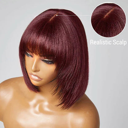 Bejulz 10in Reddish Purple layered Cut Yaki Straight Lace Bob Wig With Bangs